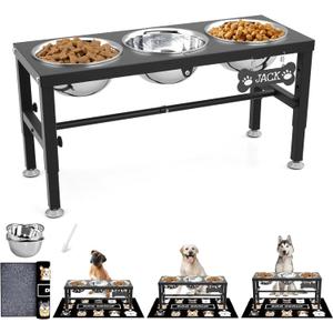 SHAINFUN Metal Elevated Dog Bowls Stand for Large Dogs with Mat & Three 58oz Food Water Bowls, Adjustable Height Raised Dog Bowl Stand (Black-White)