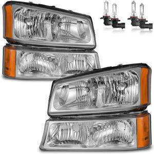 Headlights W/Bulbs for 2003-2007 Chevy Silverado1500/2500/3500/1500HD/2500HD, 2003-2006 Avalanche 1500/2500, Halogen, Driver & Passenger Side (OE Replacement)