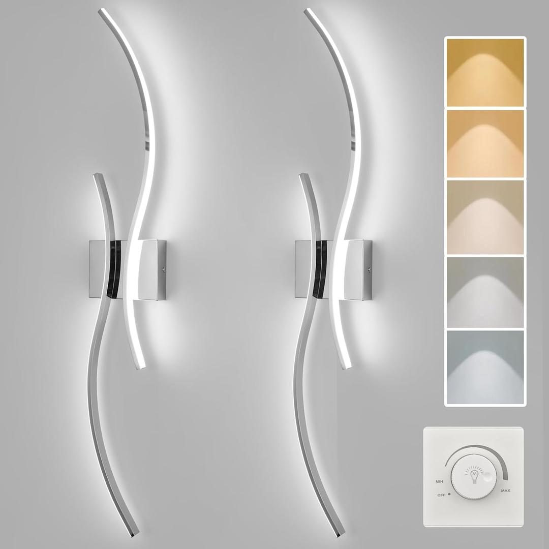 CANEOE Modern Wall Sconce Set of, 5CCT Dimmable Indoor Led Wall Sconce Lighting Set of 2, 31.5 Inch Wall Light Fixtures, Chrome Led Wall Lamps for Living Room Bedroom Bathroom Hallway