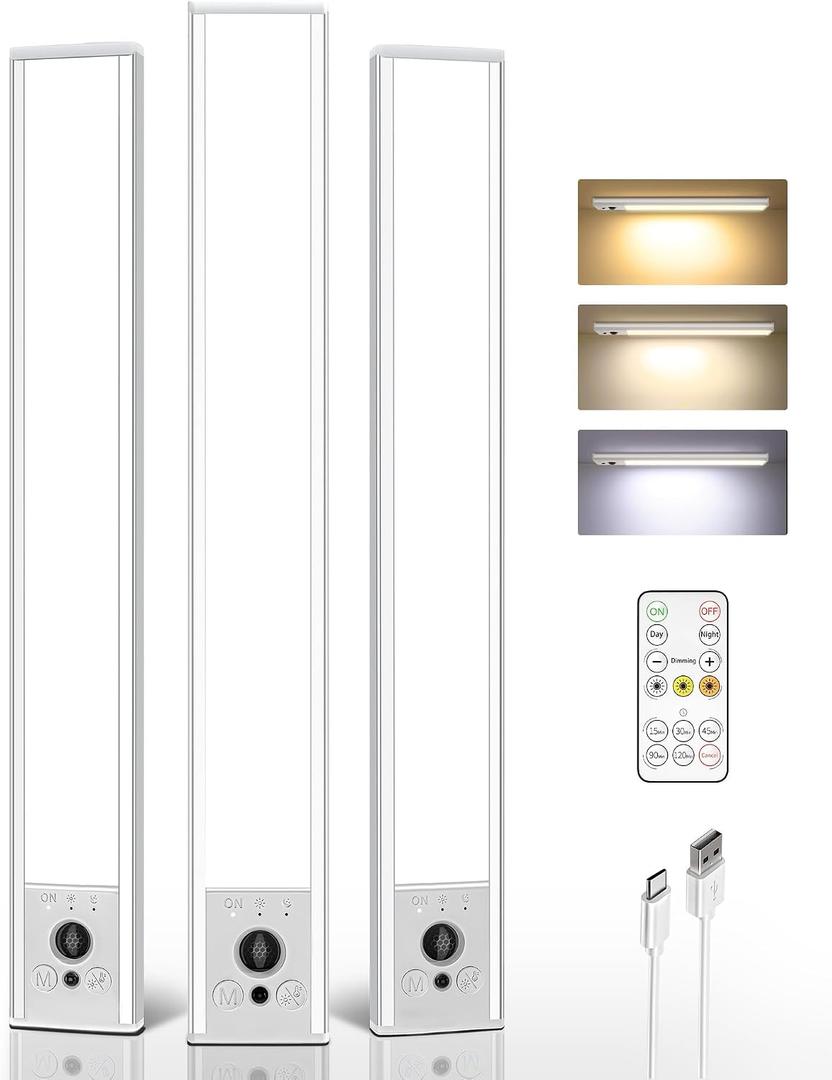 EZVALO 3-Pack Under Cabinet Lighting, 4000mAh Rechargeable Motion Sensor Light, 16inch Magnetic Closet Lights with Dimmable & 3 Color Temps, Wireless Motion Activated Lights with Remote for Kitchen, 16.5 inch