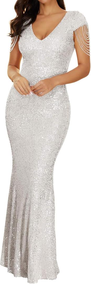 Women 1920s Plus Size Formal Dress Tassels Sleeve Sequins Gatsby Maxi Evening Gown