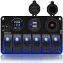 FXC Waterproof Marine Boat Rocker Switch Panel 6 Gang with 3.1A Dual USB Slot Socket + Cigarette Lighter +LED Voltmeter with Power-Save for Car Rv Vehicles Truck (6 Gang Blue LED)