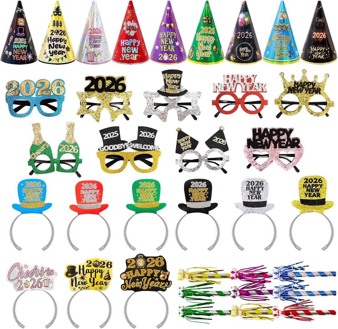 ceiba tree Happy New Years Eve 2026 Party Supplies Favors NYE Decorations Accessories New Year 9 Paper Hats 9 Paper Headbands 9 Felt Plastic Frame Glasses 9 Noisemakers