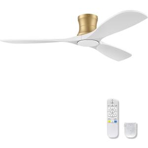 52" Wood Flush Mount Ceiling Fans with Lights Remote Control,Dimmable,Reversible,Modern Gold White Wood Ceiling Fan with Quiet DC Motor,Outdoor Indoor Low Profile for Bedroom Living Room Patio
