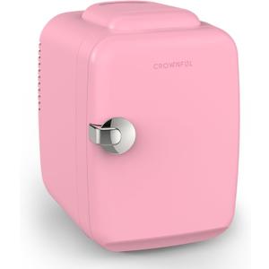 CROWNFUL Mini Fridge, 4 Liter/6 Can Portable Cooler and Warmer Personal Refrigerator for Skin Care, Cosmetics, Beverage, Food,Great for Bedroom, Office, Car, Dorm, ETL Listed (Pink)