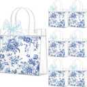 Weysat 24 Pcs Blue Floral Scalloped Party Favor Clear Gift Bags with Handles Ribbon Blue White Vintage Floral Leaf Chinoiserie Party Favors Candy Treat Bags for Wedding Birthday Bridal Shower