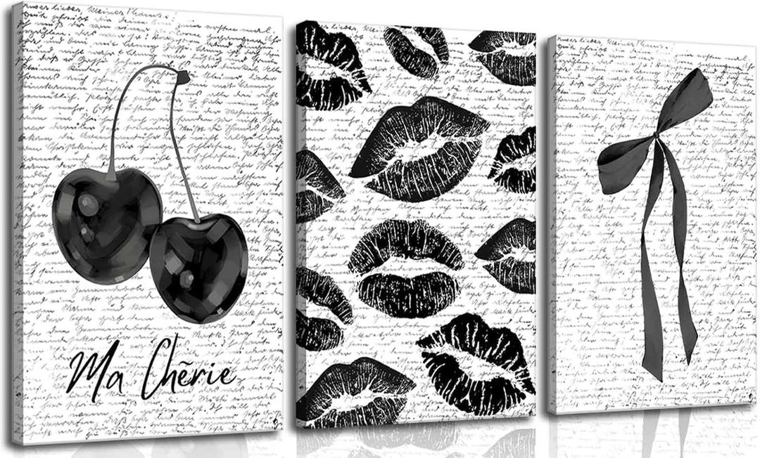 3Pcs Vintage Funky Black White Lips And Cherry Canvas Wall Art Girl Fashion Aesthetic Bow Wall Decor Ma Cherie Dark Coquette Posters Prints for Neutral Preppy Apartment Girl Room12x16in framed