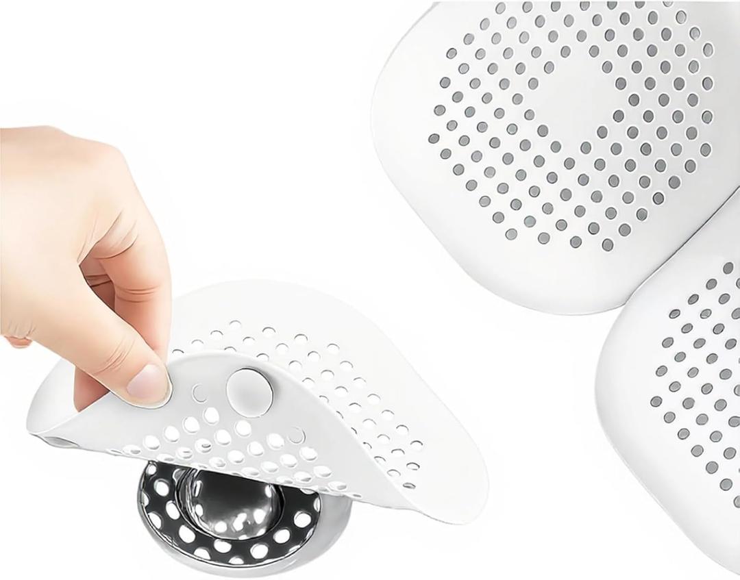 Silicone Shower Drain Hair Collector 2-piece Set, Anti Clogging Drain Cover with Strong Suction Cup, Square Hair Filter for Bathtub, Shower and Kitchen Sink, Easy to Clean Drain Protector (White)