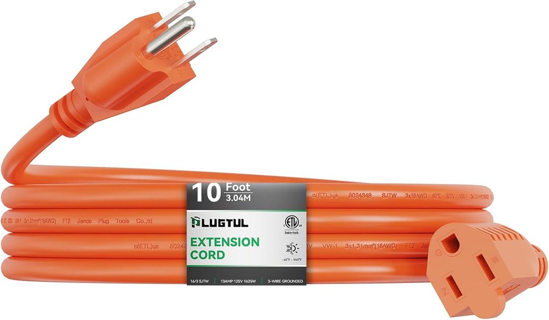 Outdoor Extension Cord 10 FT Waterproof, 16/3 Gauge Heavy Duty 3 Prong Extension Cord, 13A 1625W SJTW, ETL Listed, Great for Garden and Home, Orange