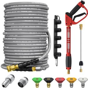 5000PSI Pressure Washer Gun and Hose Kit, 100FT Kink Resistant Steel Braided Power Washer Hose with 3/8" Swivel Quick Connector and M22 14mm Adapters Replacement/30" Extension Washer Wand (Gray)