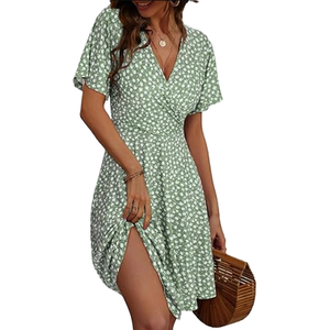 FENSACE Womens Sundress Summer Floral Short Sleeve Wrap V Neck A-Line Midi Dress
Size S