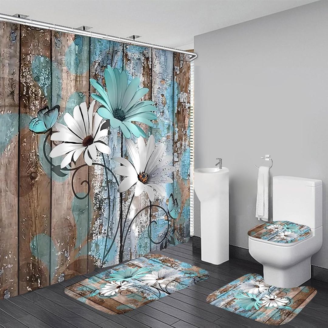 AZHM Farmhouse Flower Floral Shower Curtain Set 4pcs Rustic Teal Turquoise Daisy Bathroom Accessory Set with Rugs and 12 Hooks