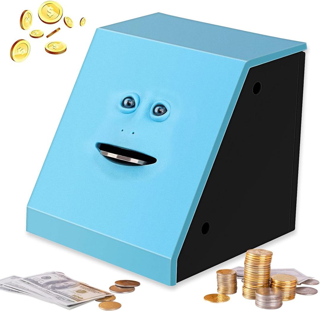 Face Bank, Piggy Bank Coin Eater Funny Bank, sunsbell Money Eating Coin Bank Piggy Bank Boalord, Battery Powered Money Saving Box, Wacky Coin Jar Face Coin Bank - Blue (3.8*3.9*3.9", Biue)