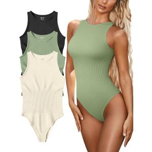 OQQ Women's 3 Piece Bodysuits Sexy Ribbed One Piece Sleeveless Halter Neck Tops Leotard Summer Trendy (Medium, Black Pea Green Beige)