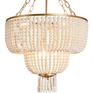 6-Light 20 Inch Boho Light Fixtures Ceiling Natural Wood Beaded Chandelier Boho Light Fixture Bohemia Wood Beaded Chandelier for Kitchen Island Living Room