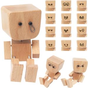 Yu&Yang Shaking Wooden Man Figurine, 12Pcs Magnetic Expressions, Handmade Car Dashboard Decor - Battery-Free Spring Legs Beech Wood Desktop Ornament