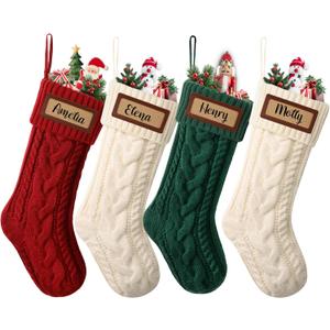 CARAKNOTS Personalized Christmas Stockings 4 Pack Knit Christmas Stockings with Names Tag Patches Vintage Rustic Farmhouse Boho 18" Large Red Green White Knitted Xmas Stocking for Family Kids
