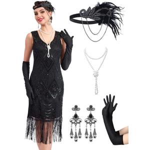 1920s Dresses for Women, Sequin Fringed Gatsby Flapper Cocktail Dresses with 20s Accessories Set, Roaring 20s Costumes (Black)