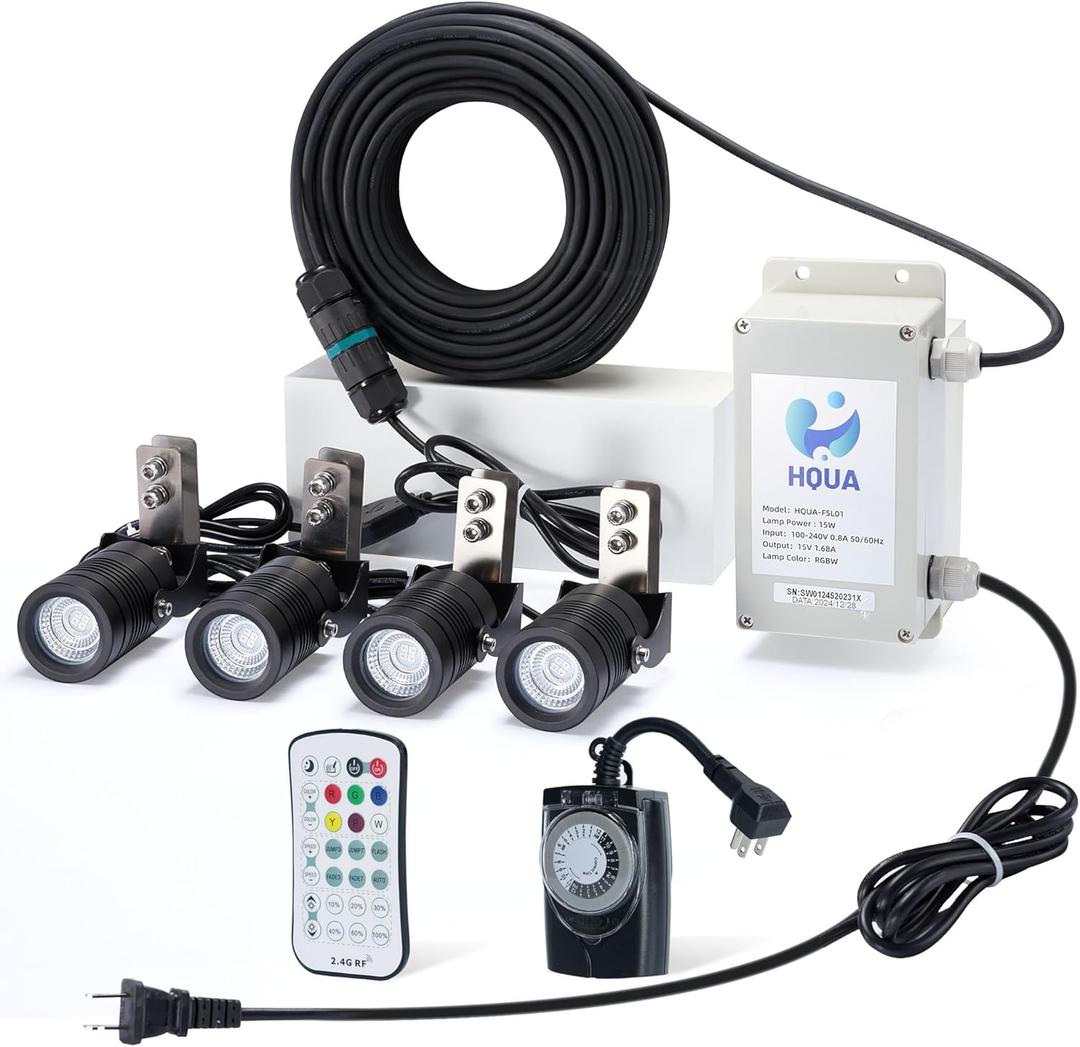 HQUA FSL01 120V AC LED RGB Color-Changing LED Fountain Light Sets, 4 Light Sets,with 100 Cord for HQUA-FS01 HQUA-FS02 Large Pond Floating Fountain