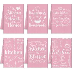 Pink Kitchen Towels Absorbent Microfiber, Cute Decorative Dish Towels for Drying, Heart of The Home Quote Hand Tea Towel Set of 6, Sweet Baking Theme Decor Gifts for Mom Women, 16x24 Inch