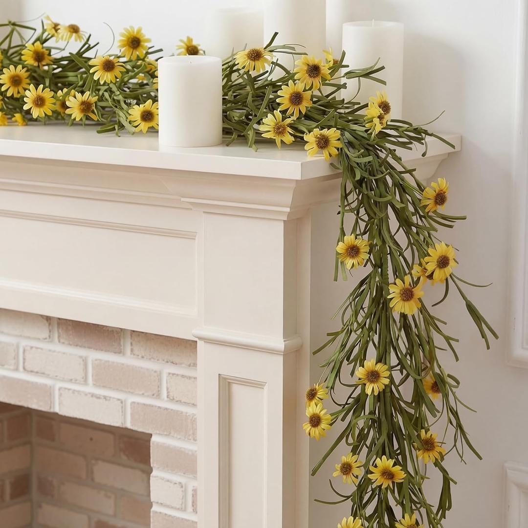 Daifunli 1 Pcs 6ft Artificial Daisy Garland with Wild Grass Branches Yellow Daisy Wildflower Vine Fake Hanging Vines Spring Summer Garland for Wedding Porch Stair Table Birthday Centerpieces Decor