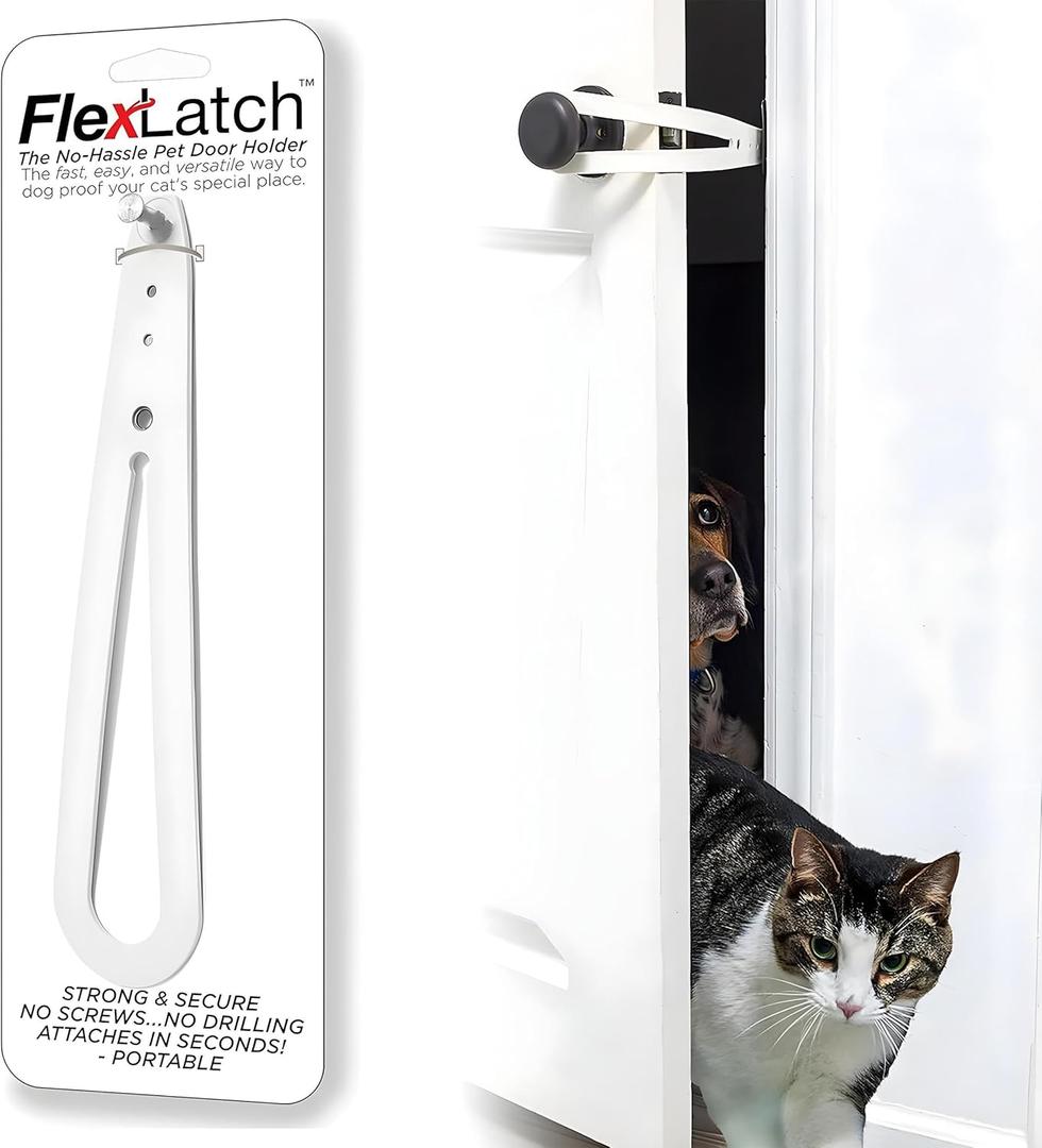 Cat Door Holder Latch - Bright White Cat Door Alternative Installs Fast Flex Latch Strap Let's Cats in and Keeps Dogs Out of Litter & Food. Safe Baby Proof One Piece No Measuring Extra Easy