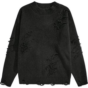 Verdusa Men's Ripped Hollow Crew Neck Long Sleeve Sweater Casual Knit Pullover Sweaters (X-Large, Black)