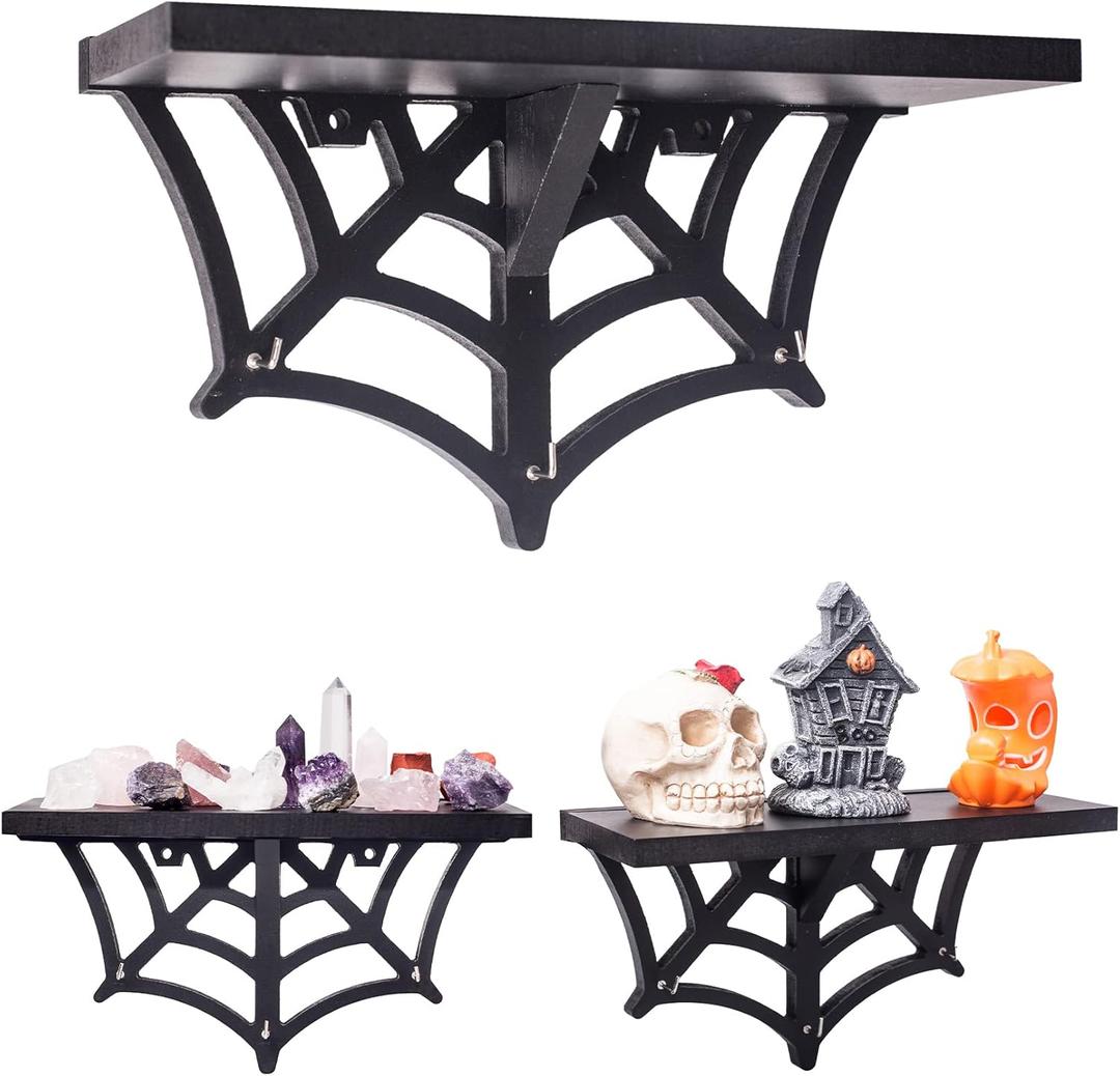 Spider Web Floating Shelf - Gothic Halloween Hanging Shelf with Hooks for Wall Oddities and Curiosities - Black Spooky Goth Wall Decor for Kitchen and Home - Crystal Display Shelf for Stones Black
