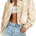 Women's Faux Suede Jacket with Pockets Oversized Puffed Long Sleeve Stand Collar Button Down Pilot Jackets Coat (Beige, XL)