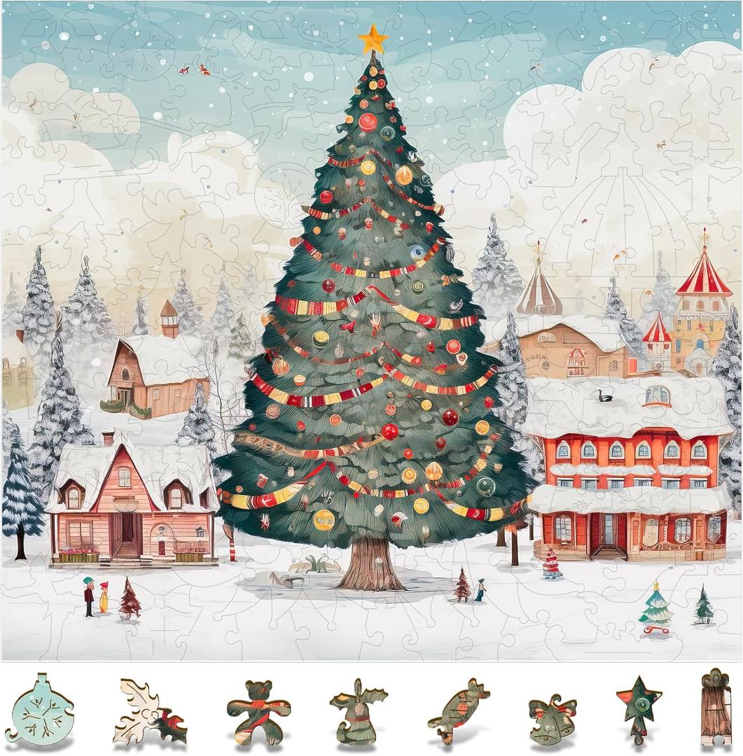 Mys Aurora Christmas Tree Puzzles for Adults Beautiful Wooden Puzzles Unique Piece Relax Wood Puzzle Gifts for Family Friends Thanksgiving Birthday Brain Teaser Puzzles 11.2"*10"