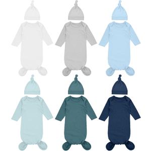 Cuffbow 6 Packs Newborn Baby Knotted Gowns Set 0-6 Months Cotton Sleeper Long Sleeve Nightgown and Hat Set for Infant Baby (Blue)