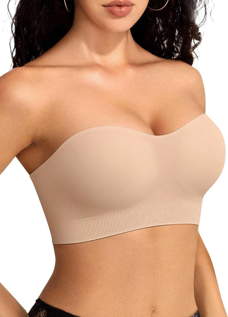 Vertvie Womens Strapless Bandeau Bra Seamless Non-Slip Padded Wireless Comfort Tube Top Bra for Daily Wear(Nude,Medium,Plain Jersey)