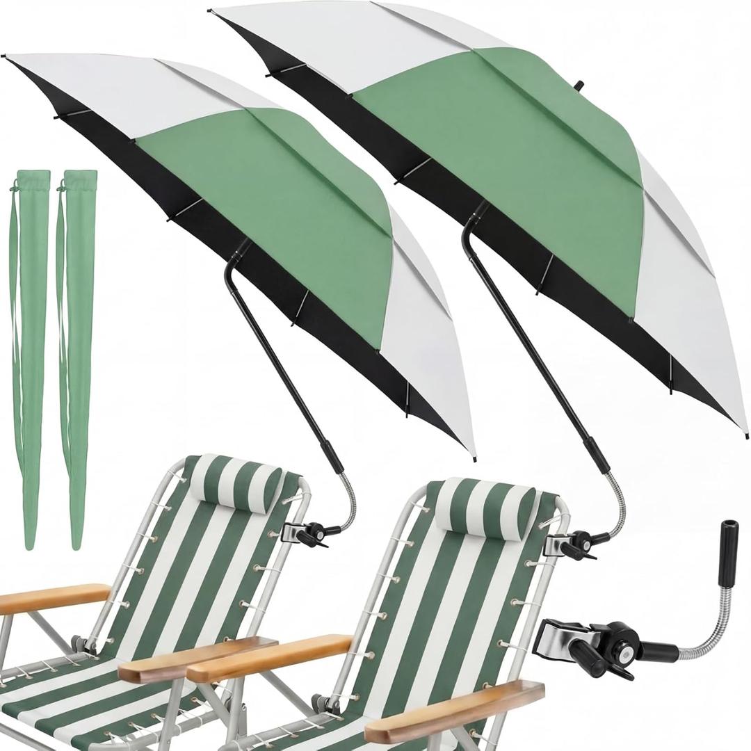 Abbylike 2 Pack 48.6" Double Canopy Umbrella with Clamp UPF50+ Beach Chair Umbrella with Clip 360adjustable Portable Outdoor Wheelchair Patio Golf Carts Camping