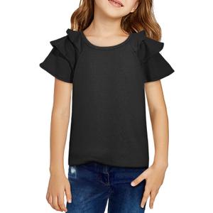 DOKOTOO KIDS Girls Ruffle Sleeve Shirts Summer Cute Crewneck Blouse Tops 6-15 Years (Black, L)