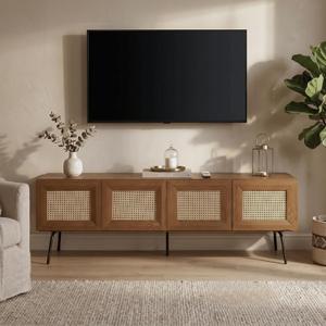 NTC Mossic TV Media Cabinet with 4 Doors for TVs, Entertainment Center with Natural Rattan, Metal Legs, Modern Storage Console for Living Room and Bedroom, Effortless Assembly, Teak Look, Large