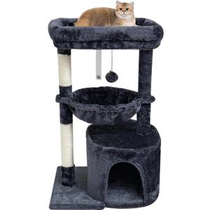 SYANDLVY Small Cat Tree for Indoor Cats, Cat Tower with Scratching Post, Modern Cat House with Padded Perch, Kittens Condo with Cradle, Smoky (29.6")