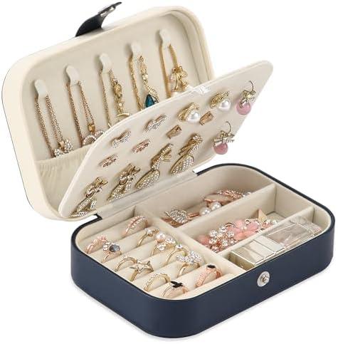 XZUZ Travel Jewelry Box, PU leather Small Jewelry Organizer For Female Girls, double layer portable mini travel case for storing earrings, rings, necklaces.(dark blue)