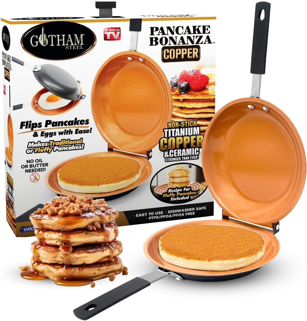 Gotham Steel Double Sided Pan, The Perfect Pancake Maker  Ceramic Nonstick Copper Easy to Flip Pancake Griddle for Fluffy Pancakes, Omelette Maker, Frittata Maker & More! Dishwasher Safe