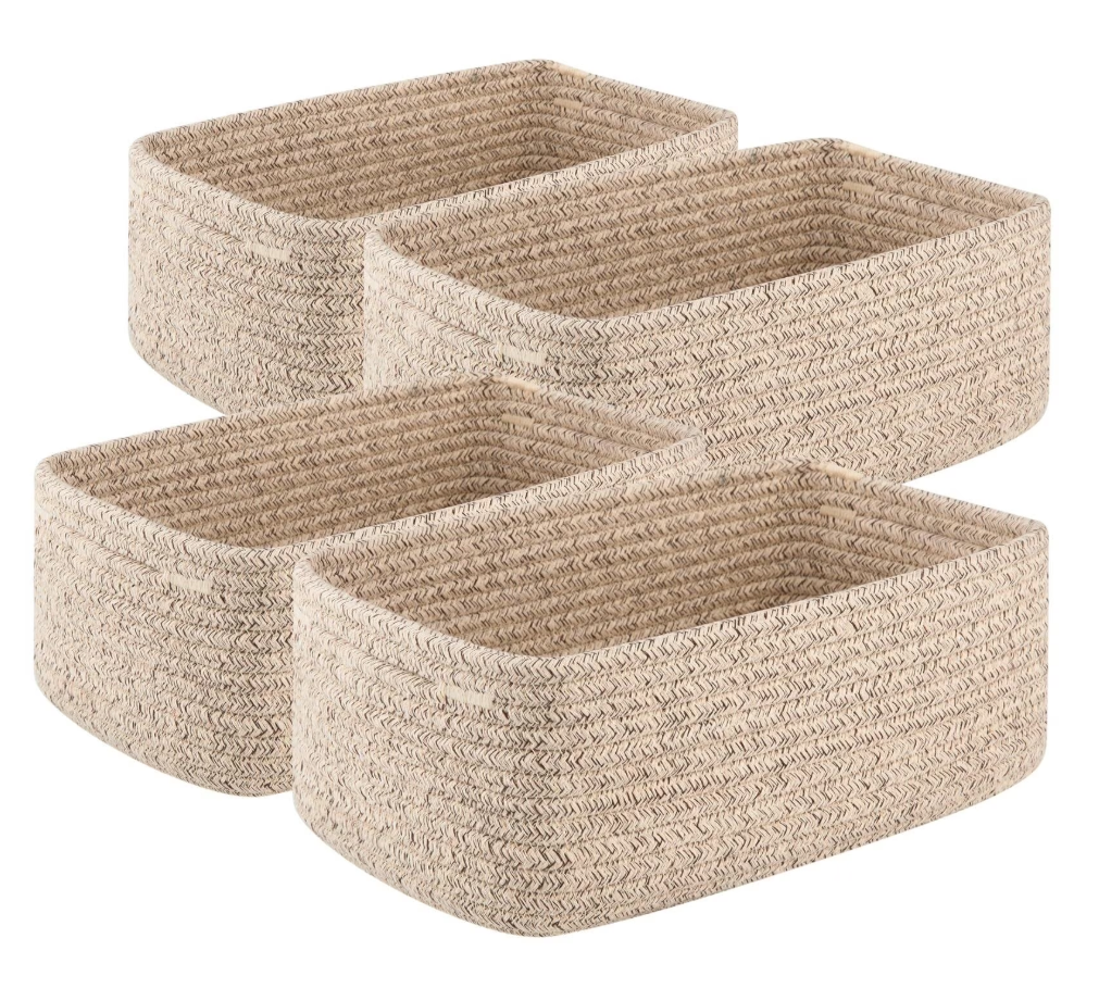 4 Pack Small Storage Shelf Baskets for Organizing, Mini Woven Rope Storage Bins