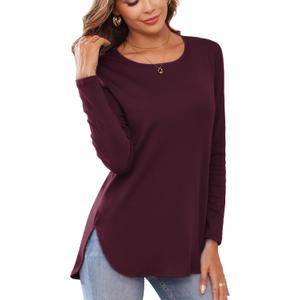 Herou Women's Casual Long Sleeve T Shirt Crewneck with Side Split Fall Pullover Loose Tunic Sweater Tops (Medium, Burgundy Red)