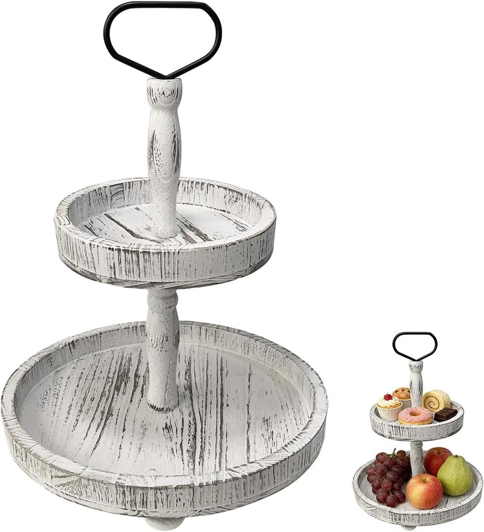 2-Tiered Round Wooden Tray Stand, Rustic Farmhouse Tiered Serving Tray for Home Decor Kitchen & Coffee Bar Centerpiece, Vintage White Wood 2-Tier Display Stand for Desserts, Cupcakes and More (White)