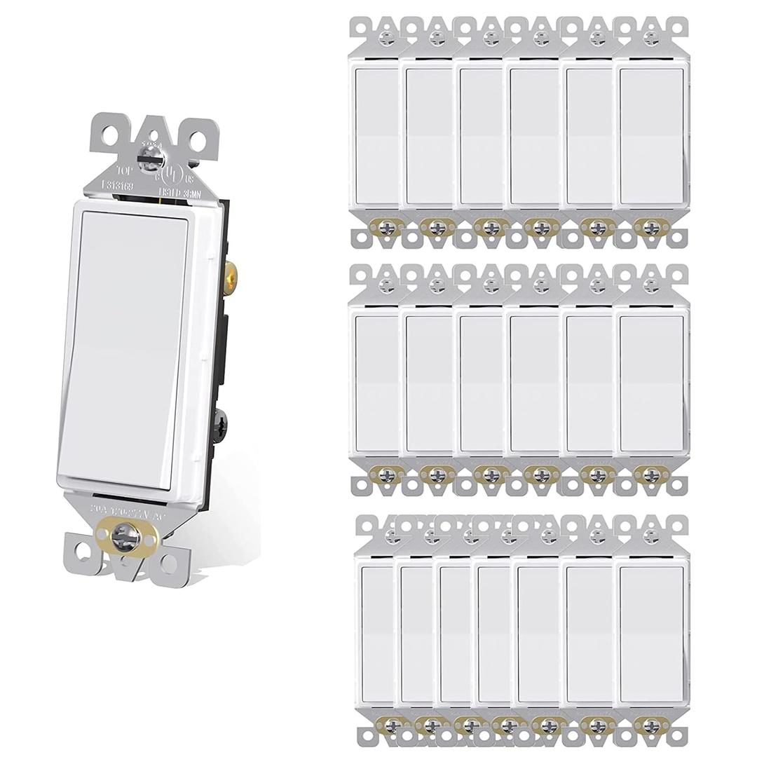 AIDA 20 Pack 3 Way Decorator Switch White, Electric Switches, Light Switch 15Amp, 120/277 Volt, 3 Way Rocker Switch, Wall Replacement, Self-Grounding, Residential Grade, UL Listed