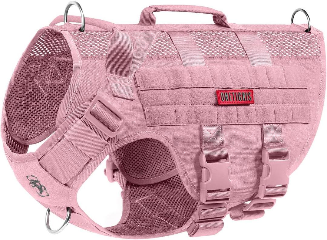 OneTigris Tactical Dog Harness, No Pull Small Dog Vest Harness with Handles Breathable Military Dogs Molle Vests for Walking Hiking Training (Pink, Medium)