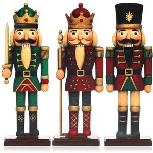 Thyle 3 Pcs Christmas Nutcracker Soldier Decorations 7 in Wooden Traditional Christmas Nutcrackers Figures Wood Veneer Vintage Xmas Tabletop Decoration for Fireplace Collectible Gifts(Classic Color)