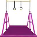 Foldable Gymnastics Kip Bar with Mat and Ring Set,3' to 5' Height Adjustable,Kids Gymnastic Equipment for Ages 3-15,Indoor and Home Training- Max Load 350LBS (VIOLET)