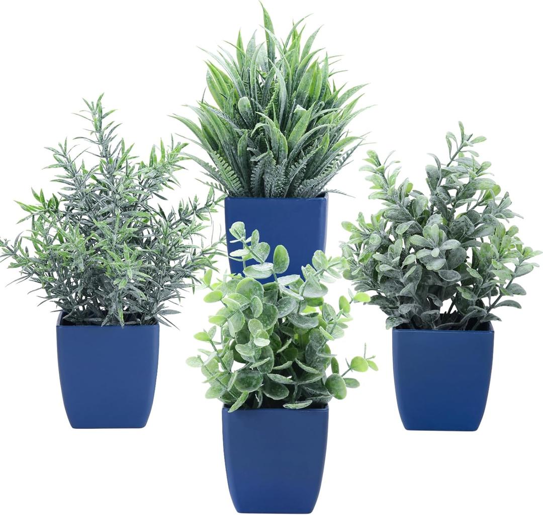 summer flower Set of 4 Fake Plants in Pot Small Artificial Eucalyptus Potted Plant Mini Wheat Grass Ferns Faux Greenery for Home Indoor Office Table Bathroom Farmhouse Decorations Blue
