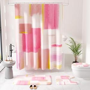 XLHOMO Bathroom Sets with Shower Curtain and Rugs - Luxury Pink Bathroom Accessories Set, Shower Curtain Set, Non-Slip Bathroom Rug, Pink and Gold Bathroom Decor for Home
