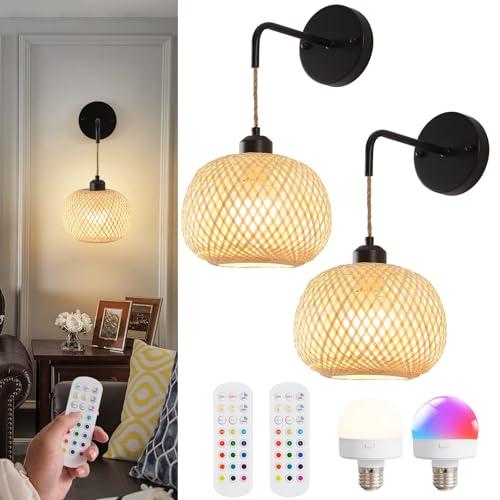 Vitnucrol Battery Operated Wall Sconce Set of Two, Bamboo Rechargeable Boho Wireless Sconces with Remote, Dimmable Non-Hardwired Farmhouse Wall Lights for Bedroom Living Room (Black, 8 inches)