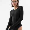 PUMIEY Women's Crew Neck Long Sleeve Bodysuit Second-skin Feel Tops Smoke Cloud Collection, Black, Medium