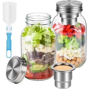 2 Pack Glass Salad Jars with Lids Meal Prep, Glass Mason Jars with Stainless Dressing Cup, 2-in-1 Salad Container for Meal Prep & Lunch, 32oz Mason Jars with Brush